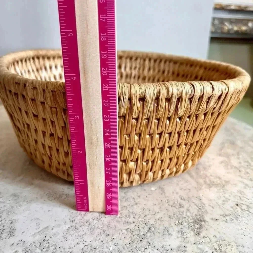 Vintage Handmade Hand‎ Woven Weave Large Basket Bowl Round Tan 9.5 x 4